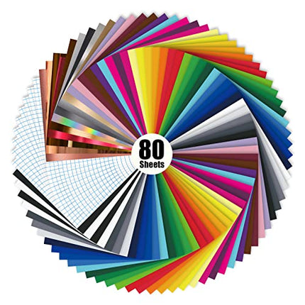 80 Pack Permanent Adhesive Vinyl Sheets 39 Assorted Glossy Colors with Clear Transfer Tap 12'' X 12'' for Party Decoration, Sticker, Craft Cutter, Car Decal