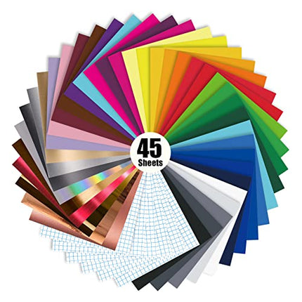 45 Pack Permanent Adhesive Vinyl Sheets 39 Assorted Glossy Colors with Clear Transfer Tap 12'' X 12'' for Party Decoration, Sticker, Craft Cutter, Car Decal