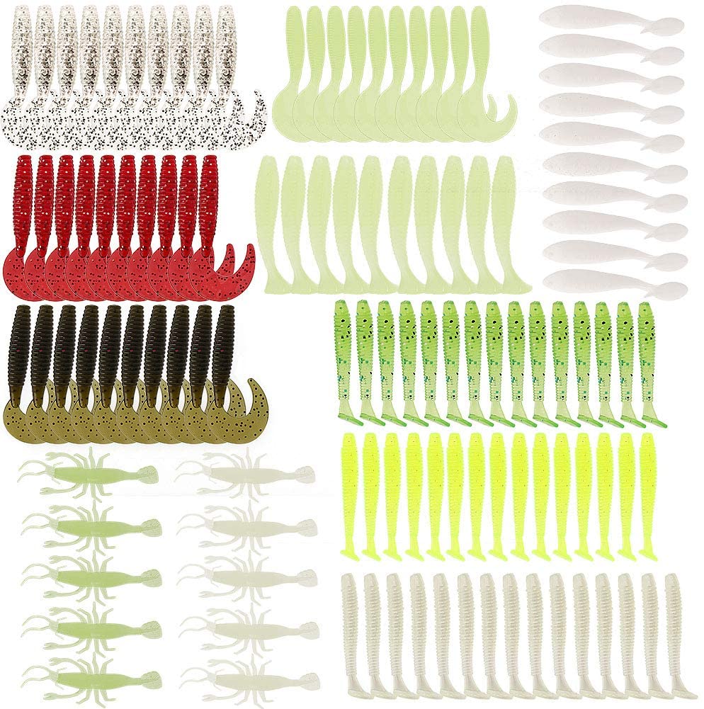 115PCS Fishing Grubs Paddle Tail Swimbaits Luminous Shrimp Soft Lures Kit