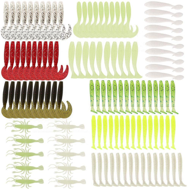 115 pcs Fishing Grubs Paddle Tail Swimbaits Luminous Shrimp Soft Lures Kit