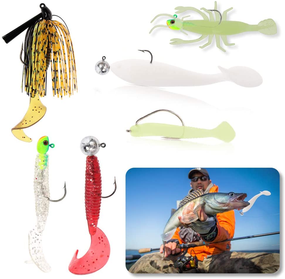115PCS Fishing Grubs Paddle Tail Swimbaits Luminous Shrimp Soft Lures Kit